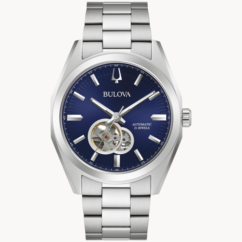 MEN'S BULOVA SURVEYOR AUTOMATIC STAINLESS STEEL CASE AND BRACELET WITH BLUE DIAL