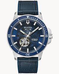 BULOVA GENTS MARINE STAR STAINLESS WATCH WITH BLUE LEATHER AND RUBBER BAND