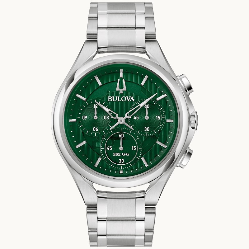 GENTS BULOVA CURV SILVER TONE STAINLESS STEEL CASE AND BRACELET STRAP WITH GREEN DIAL