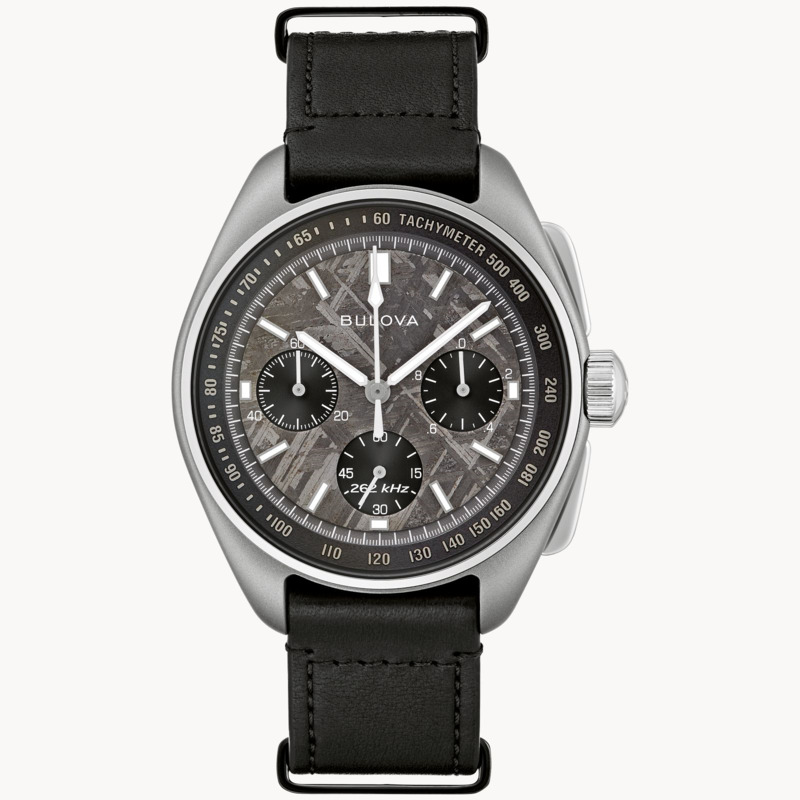 GENTS BULOVA LUNAR PILOT METEORITE LIMITED EDITION WATCH STAINLESS STEEL AND TITANIUM CASE  METEORITE DIAL  AND BLACK LEATHER STRAP #773 OF 5000