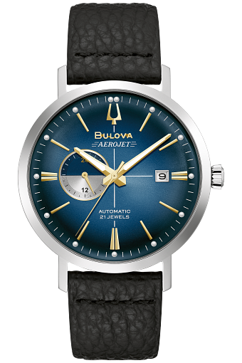 MENS BULOVA AEROJET AUTOMATIC WATCH WITH BLUE FACE AND BLACK LEATHER STRAP