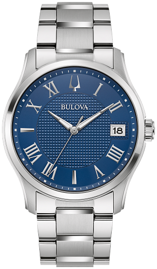 BULOVA GENTS WILTON WATCH STAINLESS STEEL BRACELET STRAP AND CASE  WITH BLUE DIAL