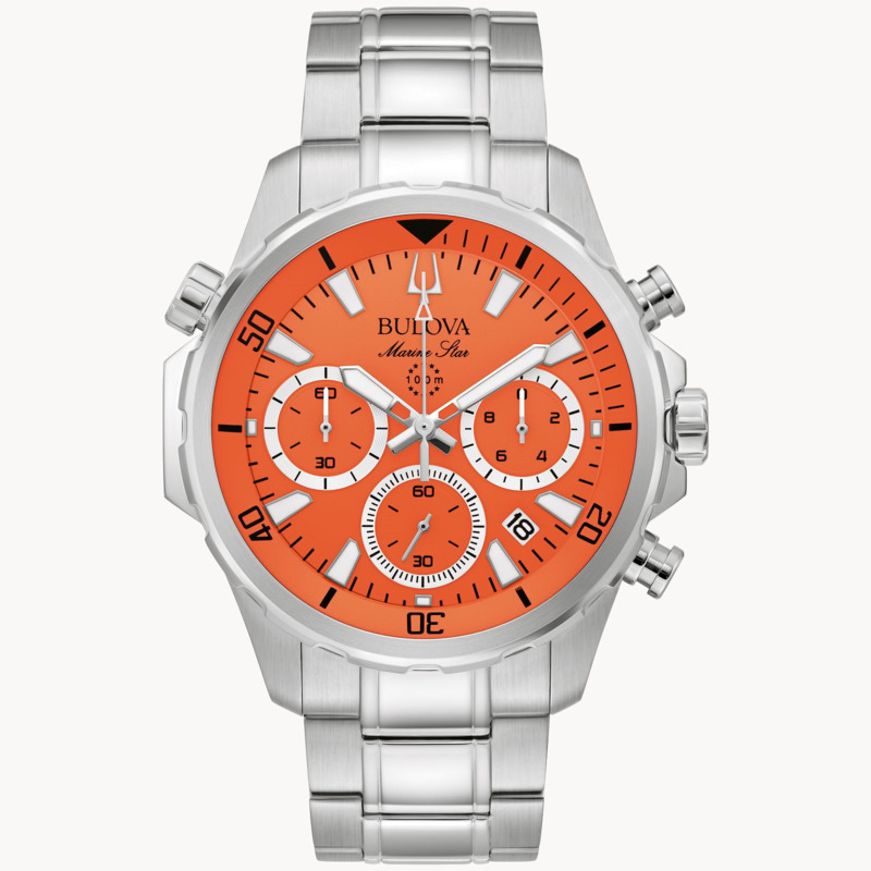 MENS BULOVA MARINE STAR STAINLESS STEEL CASE AND BRACELET WITH ORANGE DIAL