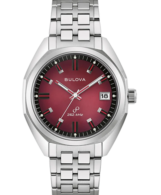 GENTS BULOVA JET STAR WATCH STAINLESS STEEL CASE  BURGUNDY DIAL  STAINLESS STEEL BRACELET STRAP