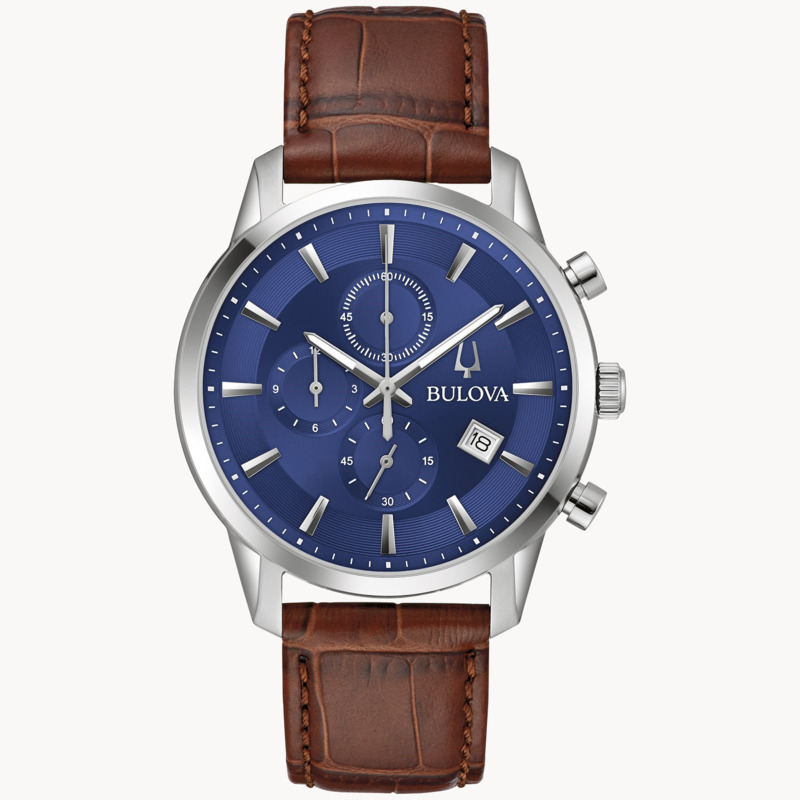 BULOVA SUTTON MEN'S WATCH WITH STAINLESS STEEL CASE  BLUE DIAL  AND BROWN LEATHER STRAP