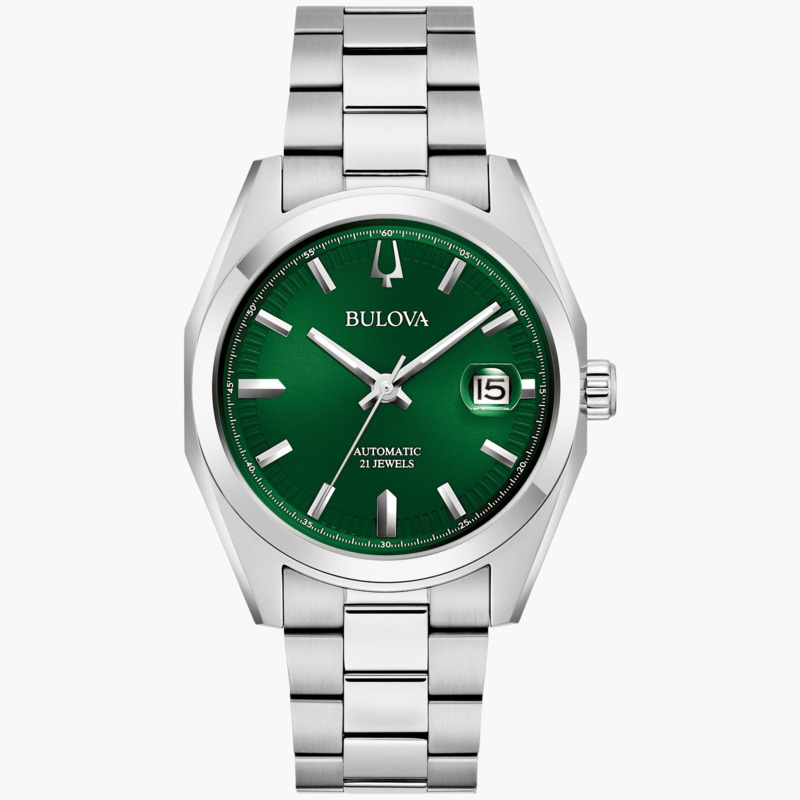 GENTS BULOVA SURVEYOR AUTOMATIC WATCH STAINLESS STEEL CASE AND BRACELET STRAP WITH GREEN DIAL