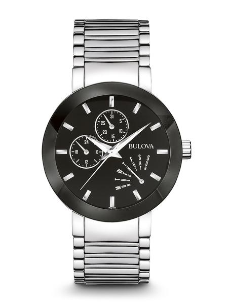 MEN'S MODERN COLLECTION BULOVA WITH STAINLESS STEEL CASE AND BAND BLACK ENAMEL ROUND DIAL AND METALLIZED CRYSTAL