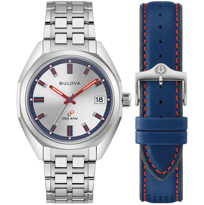 GENTS BULOVA LIMITED EDITION JET STAR WATCH STAINLESS STEEL CASE  SILVER TONE DIAL WITH BLUE AND RED MARKERS  STAINLESS STEEL BRACELET STRAP AND INTERCHANGEABLE BLUE LEATHER STRAP WITH RED STITCHING