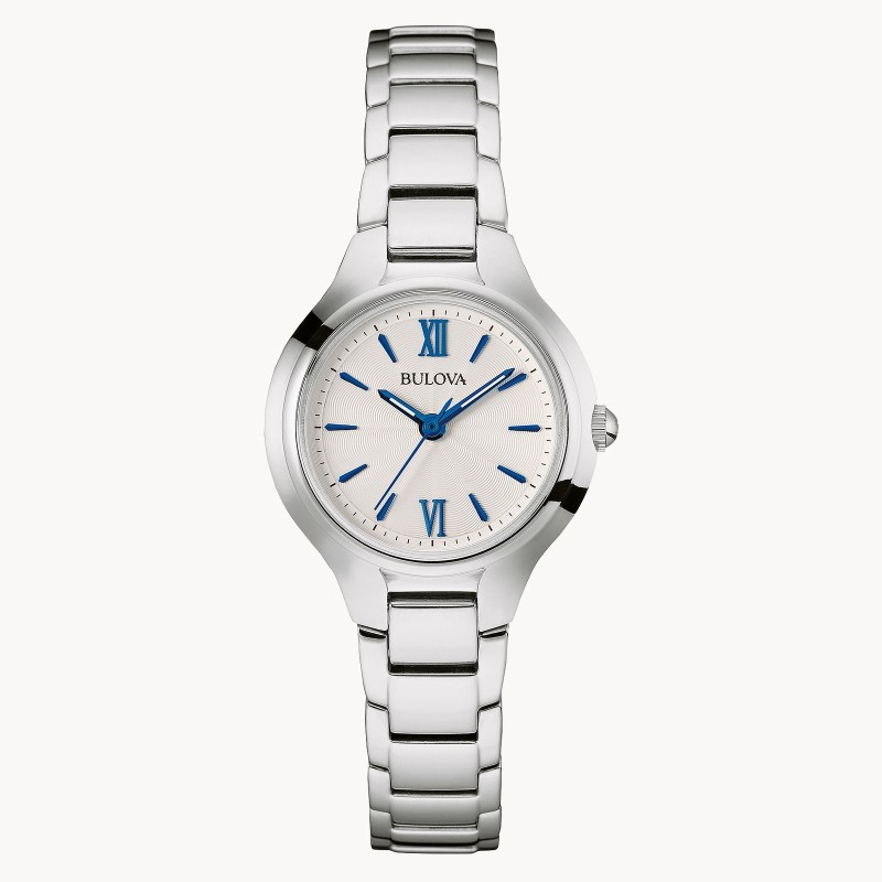 LADIES BULOVA CLASSIC STAINLESS STEEL CASE WITH SILVER/WHITE DIAL BLUE HANDS AND DIAL DETAILS