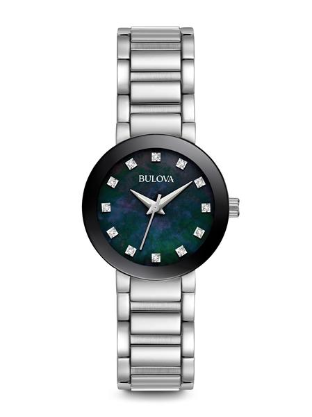 LADIES MODERN COLLECTION BULOVA STAINLESS STEEL CASE AND BAND WITH BLACK MOTHER OF PEARL DIAL WITH 12 ROUND DIAMONDS