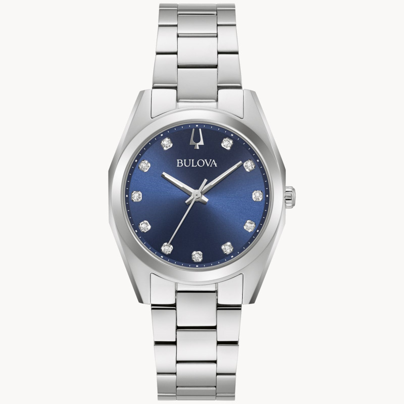 LADIES BULOVA SURVEYOR STAINLESS STEEL BRACELET AND CASE WITH BLUE DIAL AND 11 DIAMOND ACCENTS