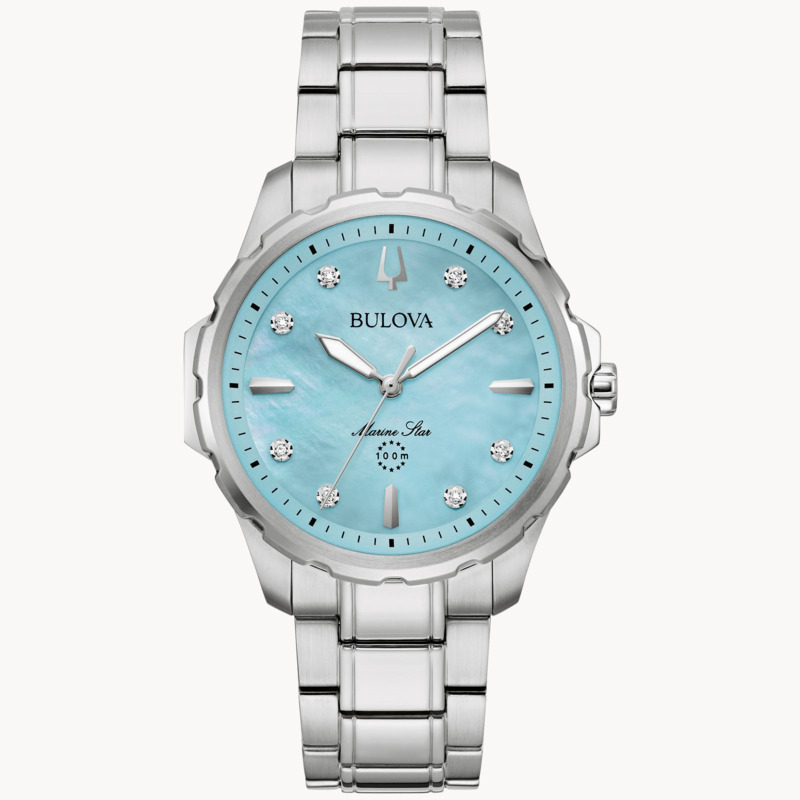 LADIES BULOVA MARINE STAR WATCH STAINLESS STEEL CASE AND BRACELET STRAP WITH BLUE MOTHER OF PEARL DIAL AND DIAMOND MARKERS