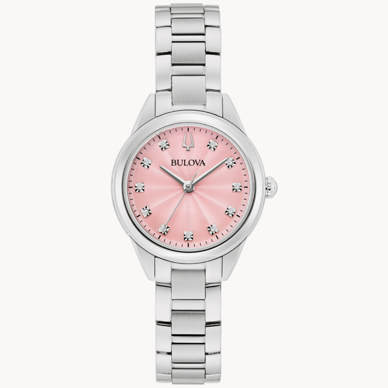 LADIES BULOVA SUTTON WATCH STAINLESS STEEL BRACELET AND CASE WITH PINK DIAL AND DIAMOND ACCENTS