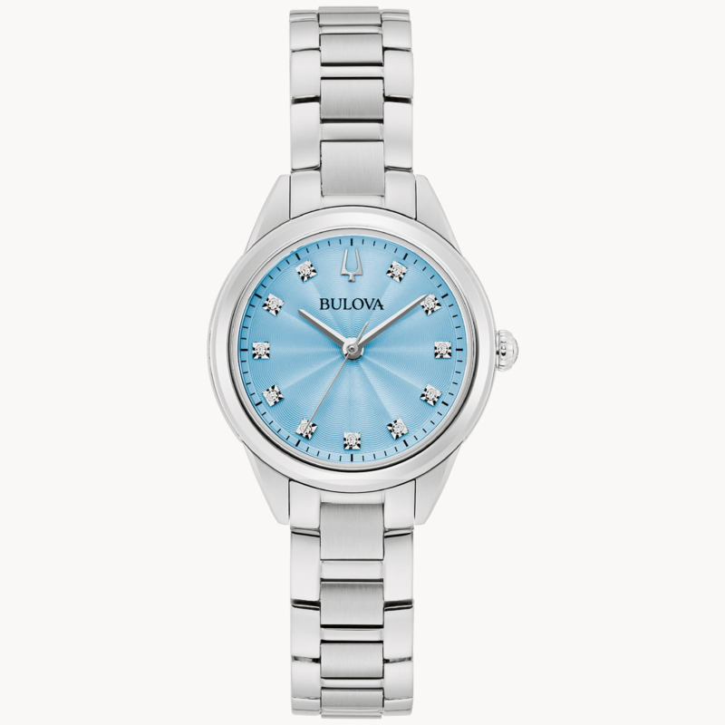 LADIES BULOVA SUTTON WATCH STAINLESS STEEL CASE AND BRACELET STRAP WITH LIGHT BLUE DIAL AND DIAMOND MARKERS