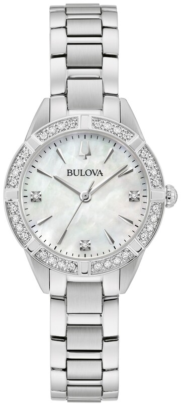 LADIES BULOVA SUTTON WATCH WITH STAINLESS STEEL CASE AND BRACELET AND MOTHER OF PEARL DIAL  DIAMONDS ON DIAL AND CASE