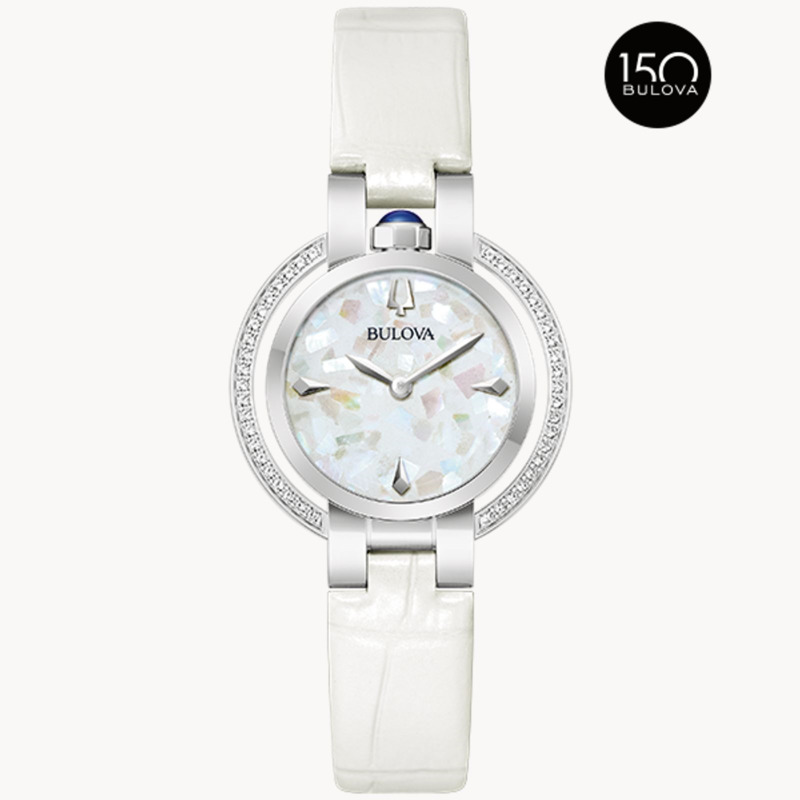 LADIES BULOVA RUBAIYAT WINTER STAINLESS STEEL CASE WITH 42 = 0.25TW ROUND WHITE SAPPHIRES ON THE BEZEL  MOSAIC WHITE MOTHER OF PEARL DIAL  AND WHITE ALLIGATOR GRAIN STRAP