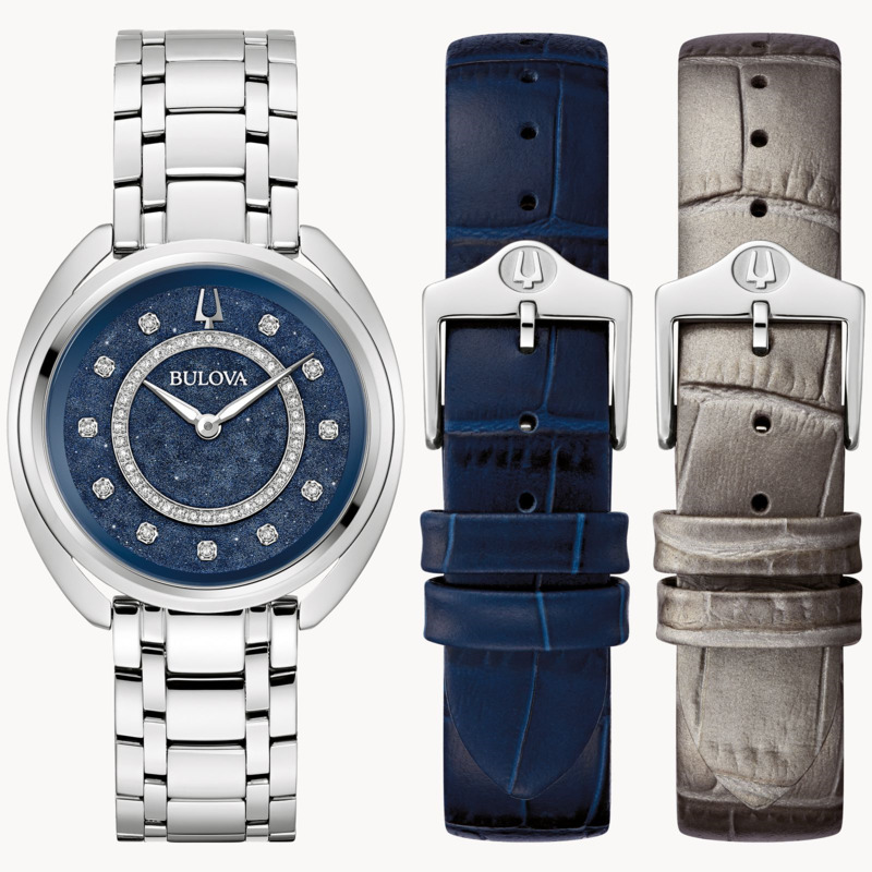 BULOVA LADIES DUALITY STAINLESS STEEL CASE AND BRACELET  BLUE DIAL WITH 51 DIAMONDS  TWO ADDITIONAL INTERCHANGEABLE LEATHER STRAPS (BLUE AND SILVER)