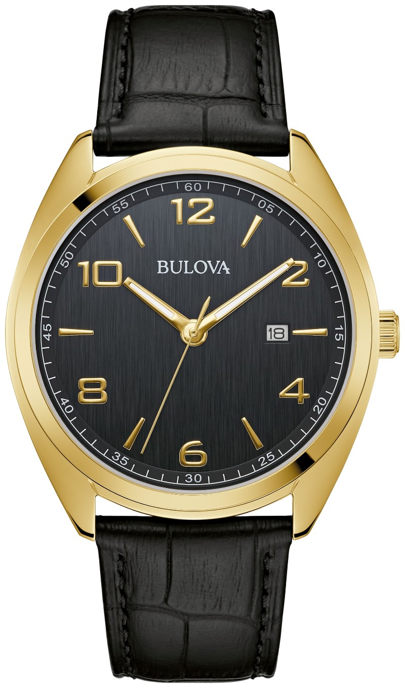 BULOVA GENTS GOLDTONE WATCH WITH BLACK LEATHER STRAP