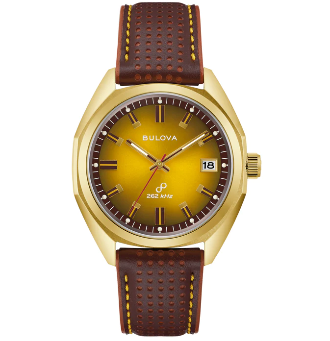 GENTS BULOVA JET STAR WATCH GOLD TONE STAINLESS STEEL CASE WITH BUTTERSCOTCH DIAL AND BROWN LEATHER STRAP