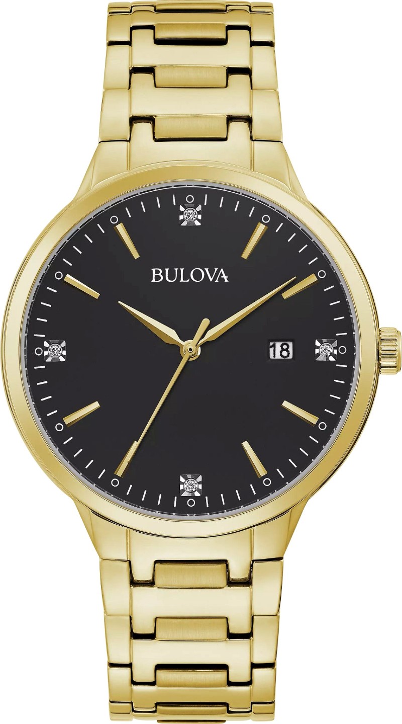 GENTS BULOVA CLASSIC WATCH GOLD TONE STAINLESS STEEL CASE  BLACK DIAL WITH DIAMONDS  AND GOLD TONE STAINLESS STEEL BRACELET STRAP