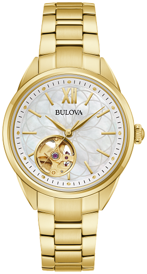 BULOVA SUTTON LADIES AUTOMATIC GOLD TONE STAINLESS STEEL WATCH WITH MOTHER OF PEARL DIAL