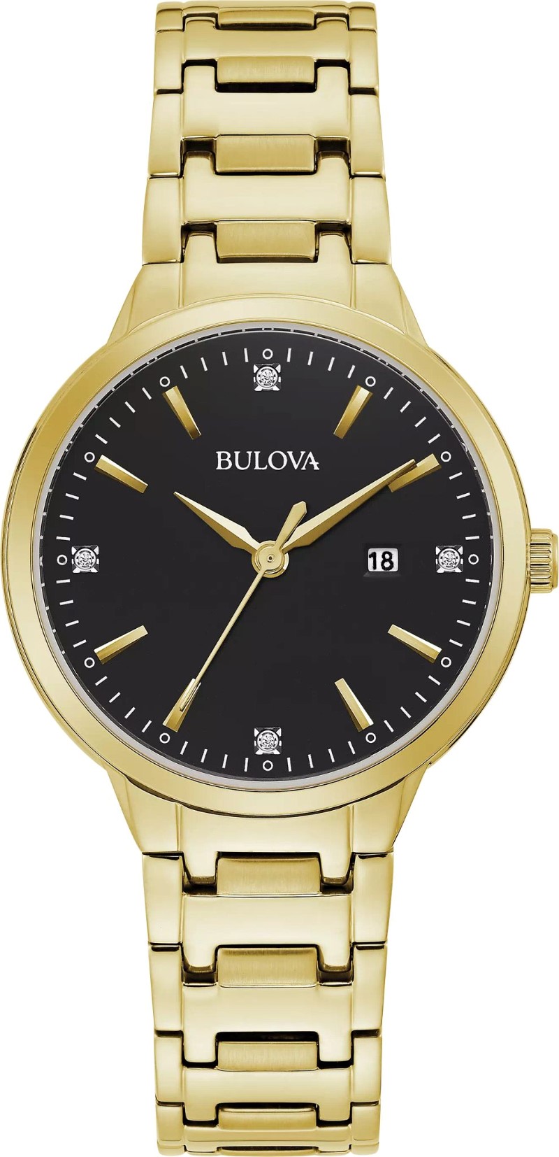 LADIES BULOVA CLASSIC WATCH GOLD TONE STAINLESS STEEL CASE  BLACK DIAL WITH DIAMONDS  AND GOLD TONE STAINLESS STEEL BRACELET STRAP