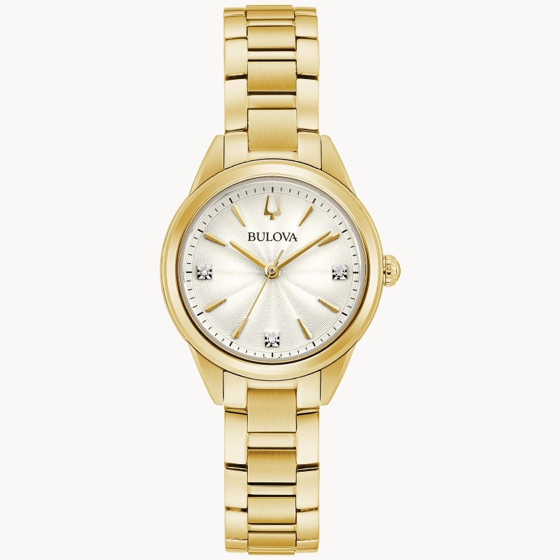 LADIES BULOVA GOLD TONE STAINLESS STEEL WITH WHITE DIAL AND 3 DIAMOND MARKERS