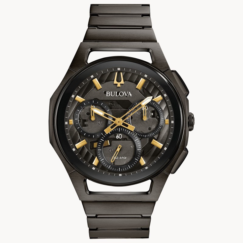 MEN'S CURV COLLECTION BULOVA IN DARK GREY STAINLESS STEEL WITH DARK GREY DIAL AND YELLOW TONE MARKERS DARK GREY STAINLESS STEEL BAND