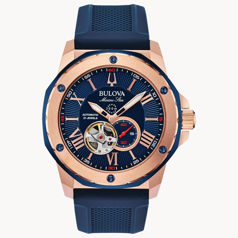 BULOVA MARINE STAR AUTOMATIC ROSE TONE STAINLESS STEEL CASE  BLUE DIAL  AND SIICONE STRAP