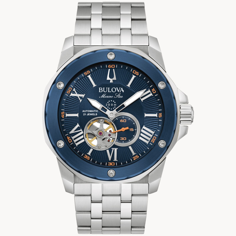 MENS BULOVA MARINE STAR AUTOMATIC STAINLESS STEEL BRACELET WITH BLUE CASE AND DIAL AND ORANGE ACCENTS