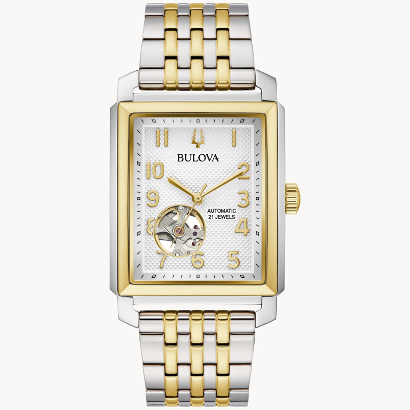 BULOVA SUTTON MEN'S AUTOMATIC TWO TONE STAINLESS STEEL WATCH WITH WHITE TEXTURED DIAL