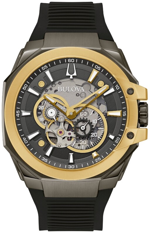 GENTS BULOVA CLASSIC AUTOMATIC WATCH WITH GOLD TONE AND GUNMETAL STAINLESS STEEL CASE  GUNMETAL DIAL  AND BLACK SILICONE STRAP