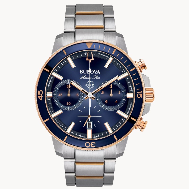 MEN'S BULOVA MARINE STAR COLLECITON CHRONOGRAPH STAINLESS STEEL WITH ROSE GOLD TONE ACCENTS BLUE DIAL AND BEZEL