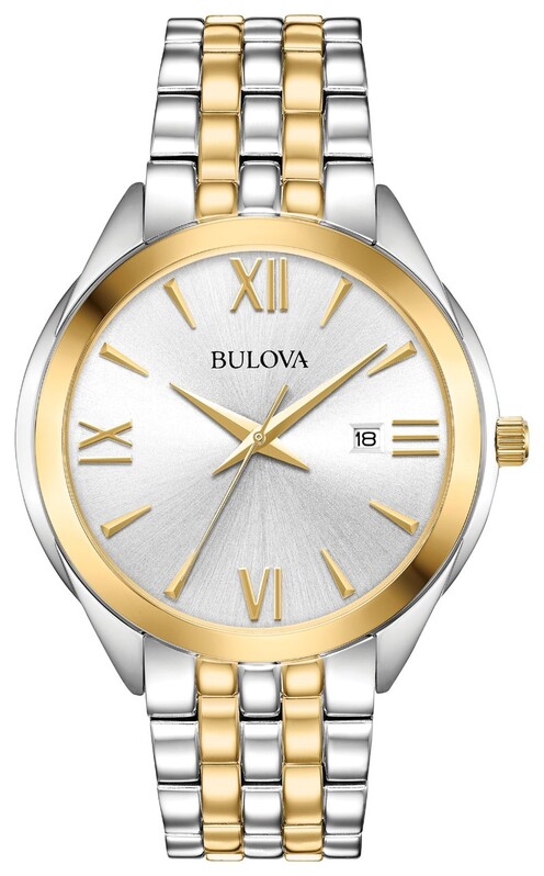 GENTS BULOVA CLASSIC WATCH TWO TONE STAINLESS STEEL CASE  WHITE DIAL  AND TWO TONE BRACELET STRAP