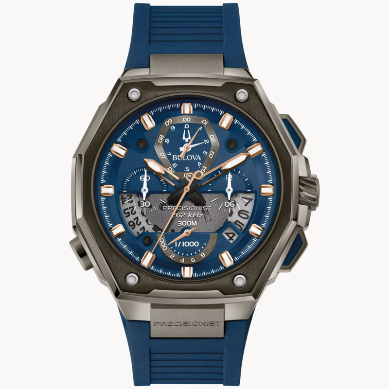 MENS BULOVA PRECISIONIST SERIES X WATCH GREY STAINLESS STEEL CASE  BLUE SILICONE STRAP  BLUE DIAL WITH ROSE TONE MARKERS