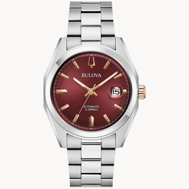 GENTS BULOVA SURVEYOR AUTOMATIC WATCH STAINLESS STEEL CASE AND BRACELET STRAP WITH BURGUNDY DIAL AND ROSE TONE ACCENTS