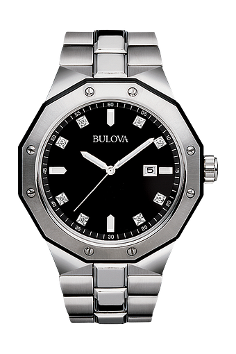 MENS BULOVA CLASSIC STAINLESS WATCH WITH BLACK FACE AND DIAMOND MARKERS