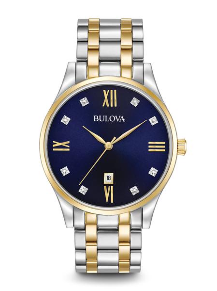 GENTS BULOVA CLASSIC WATCH TWO TONE STAINLESS STEEL BRACELET STRAP  GOLD TONE CASE  AND BLUE DIAL WITH DIAMOND MARKERS