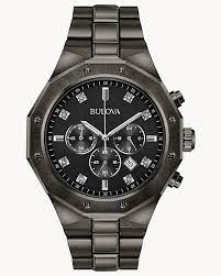BULOVA GENTS CLASSIC WATCH DARK GRAY STAINLESS STEEL CASE AND BRACELET STRAP WITH  BLACK DIAL AND DIAMOND MARKERS