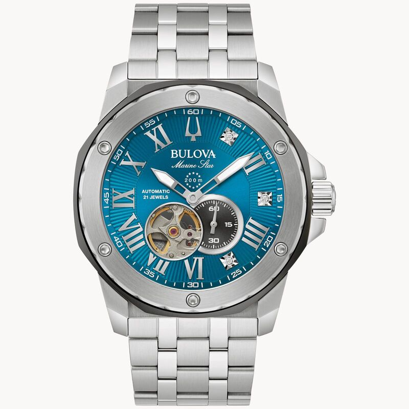 GENTS BULOVA MARINE STAR AUTOMATIC WATCH STAINLESS STEEL CASE AND BRACELET WITH BRIGHT BLUE DIAL