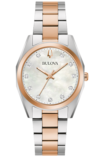 LADIES BULOVA STAINLESS AND ROSETONE SURVEYOR WATCH WITH MOTHER OF PEARL FACE AND DIAMOND MARKERS