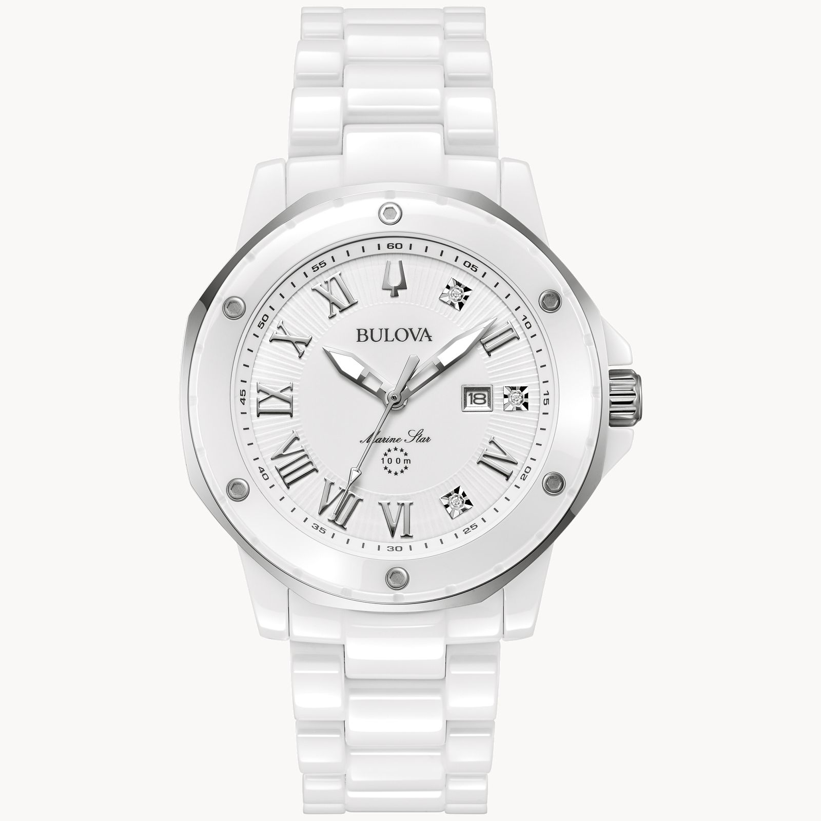 LADIES BULOVA MARINE STAR WATCH CERAMIC AND STAINLESS STEEL CASE  CERAMIC BRACELET  WHITE DIAL WITH TWO DIAMONDS