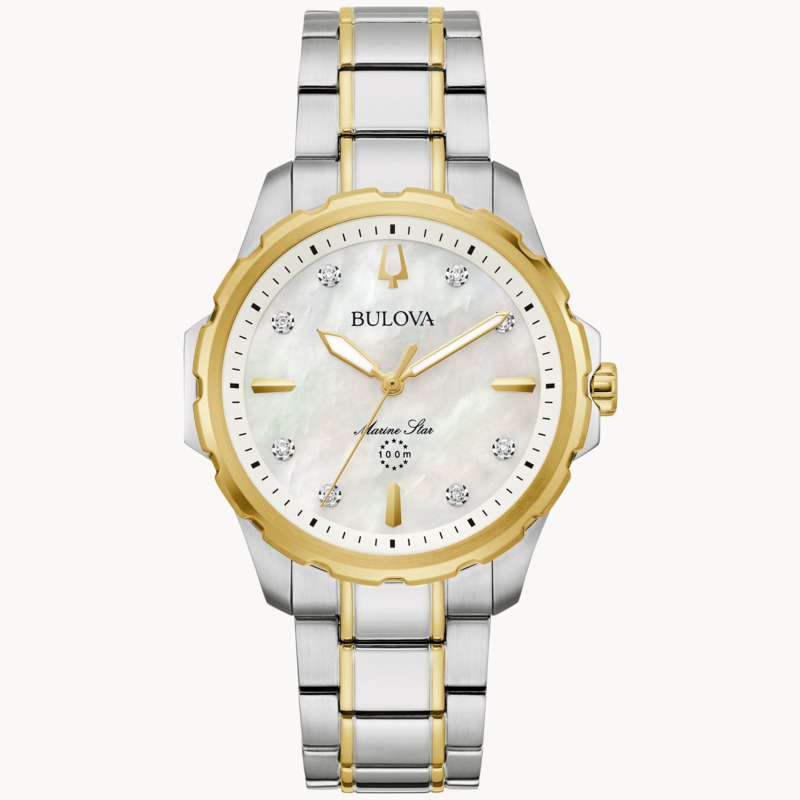 LADIES BULOVA MARINE STAR WATCH TWO TONE STAINLESS STEEL BRACELET STRAP  GOLD TONE CASE  MOTHER OF PEARL DIAL WITH DIAMOND MARKERS