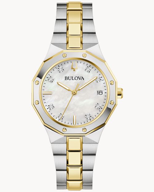 LADIES BULOVA PRESTIGE WATCH TWO TONE STAINLESS STEEL CASE AND BRACELET STRAP WITH MOTHER OF PEARL DIAL AND DIAMOND ACCENT MARKERS