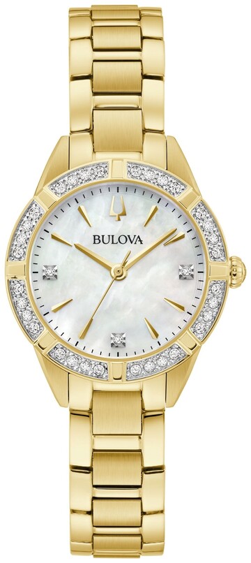 LADIES BULOVA SUTTON WATCH WITH GOLD TONE STAINLESS STEEL CASE AND BRACELET AND MOTHER OF PEARL DIAL  DIAMONDS ON DIAL AND CASE