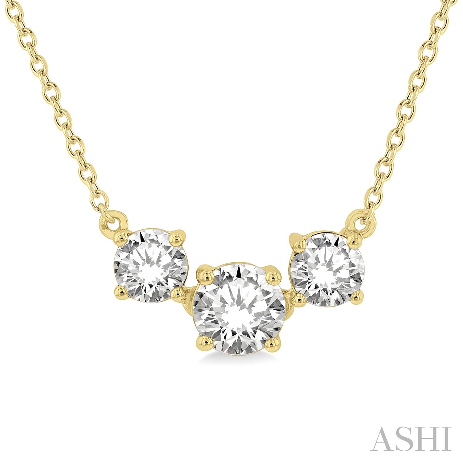 14K YELLOW GOLD 3-STONE DIAMOND NECKLACE WITH ONE 0.50CT ROUND G-H SI1-SI2 DIAMOND AND 2=0.50TW ROUND G-H SI1-SI2 DIAMONDS 18