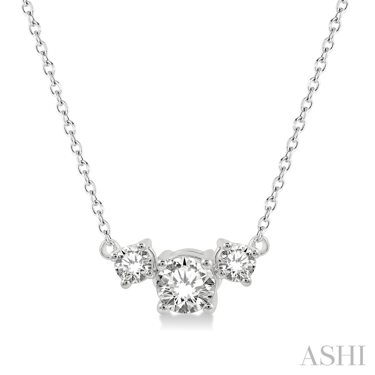 14K WHITE GOLD 3-STONE DIAMOND NECKLACE WITH ONE 0.32CT ROUND G-H SI1-SI2 DIAMOND AND 2=0.18TW ROUND G-H SI1-SI2 DIAMONDS 18