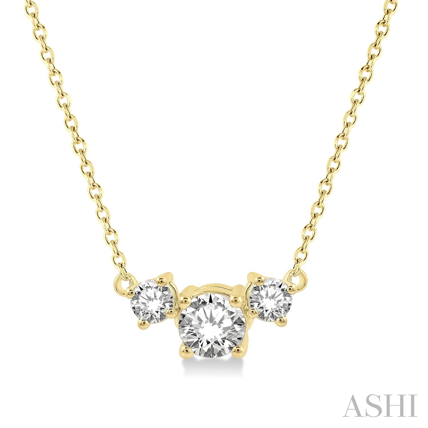 14K YELLOW GOLD 3-STONE DIAMOND NECKLACE WITH ONE 0.32CT ROUND G-H SI1-SI2 DIAMOND AND 2=0.18TW ROUND G-H SI1-SI2 DIAMONDS 18
