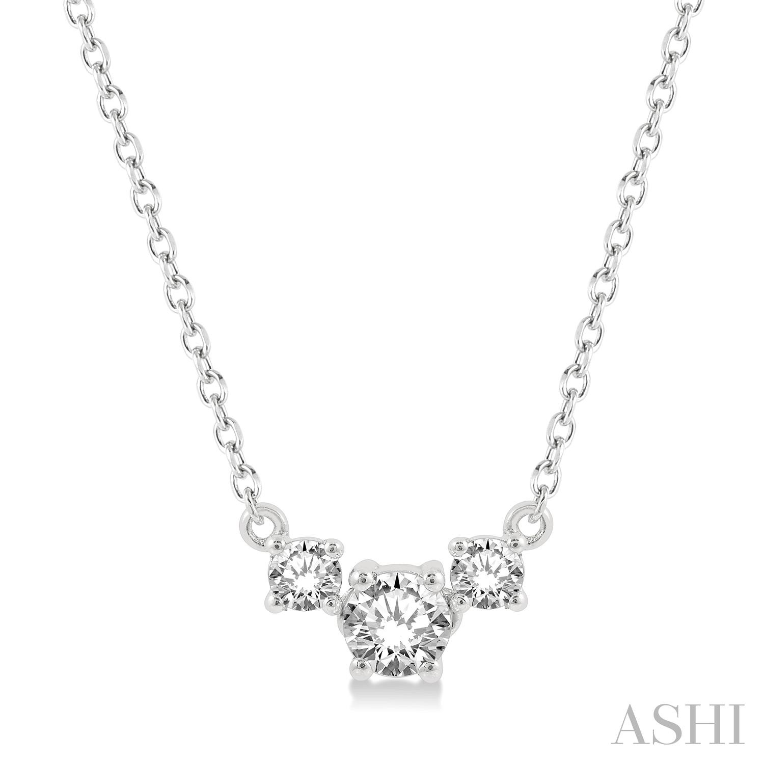 14K WHITE GOLD 3-STONE DIAMOND NECKLACE WITH ONE 0.15CT ROUND G-H SI1-SI2 DIAMOND AND 2=0.10TW ROUND G-H SI1-SI2 DIAMONDS 18