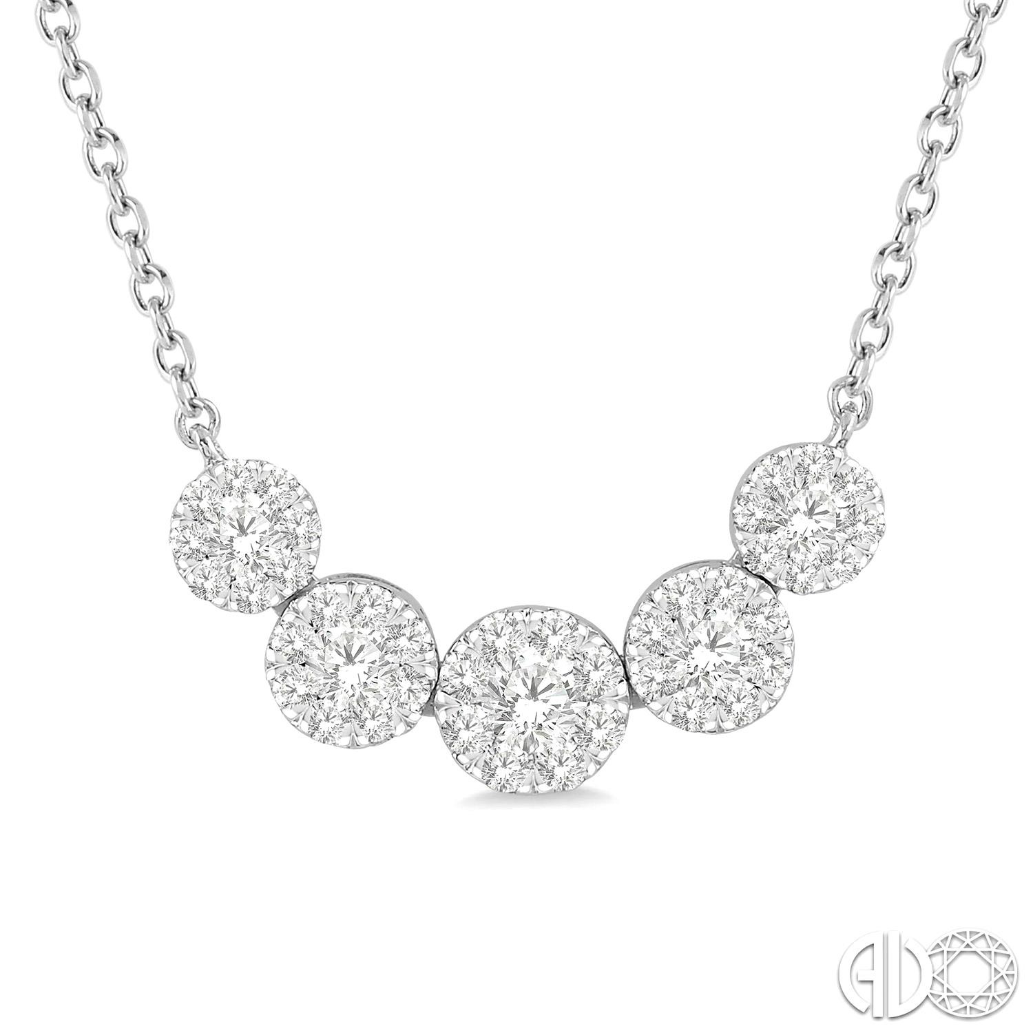14 KARAT WHITE GOLD CLUSTER DIAMOND NECKLACE WITH 45=0.50TW ROUND I-J COLOR SI3-I1 CLARITY DIAMONDS 18